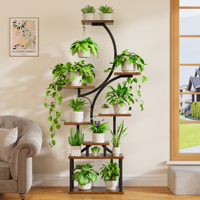 Support à plantes incurvé à 10 niveaux, tubes de 0,85 mm d'épaisseur, support à fleurs haut en bois et métal résistant à l'eau pour salon et balcon