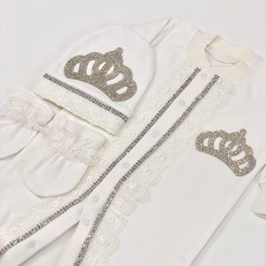 เซ็ตชุดหมีสำหรับเด็กแรกเกิด3ชิ้นลายมงกุฎอัญมณีแขนยาวทำจากไม้ไผ่มีฟองสำหรับฤดูใบไม้ผลิ - Product Image 3