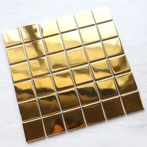 Square Shape Plain And Embossed Luxury Gold Plating Porcelain Mosaic Wall Tiles For Kitchen Backsplash And Bathroom