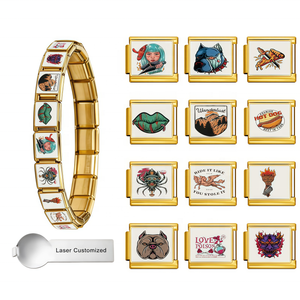 Pulsera de Eslabones Modulares Chapada en Oro con Dijes Gráficos Audaces Estilo Tatuaje Clásico Italiano para Joyería Urbana Atrevida - Product Image 1