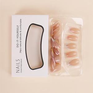 Commerce extérieur 24 pièces ongles portables vente en gros courte ligne colorée lumière faux autocollants fini couleur nue ongles conseils - Product Image 3