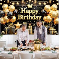 Bannière Murale Décorative Personnalisée Anniversaire 180x110cm Noir et Or, Grande Affiche avec Ballon Étoile Panneau Photo Fond de Scène pour Fournitures de Décoration d'Anniversaire