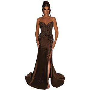 Abiti da ballo in raso senza spalline da donna lunghi in pizzo scintillante Appliques <span class=keywords><strong>abito</strong></span> da sera sirena <span class=keywords><strong>abito</strong></span> formale <span class=keywords><strong>con</strong></span> <span class=keywords><strong>spacco</strong></span> - Product Image 1
