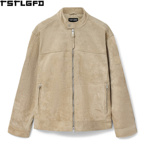 Custom <b>Suede</b> Racer <b>Jacket</b> <b>Men</b> Tan Beige Stand Collar Two Way Zipper Windbreaker Streetwear Outerwear Manufacturers Bulk - Product Image 3