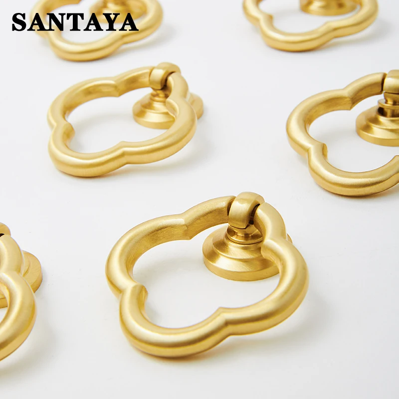 Premium Gold Four-Leaf Clover Brass Furniture Handles Modern Garden Pendant Pull Rings for Bedroom Cabinet Drawer Knobs