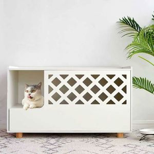 Meuble de rangement 2-en-1 en bois pour salon, adapté aux chats, avec niche pour chat intégrée - Product Image 5