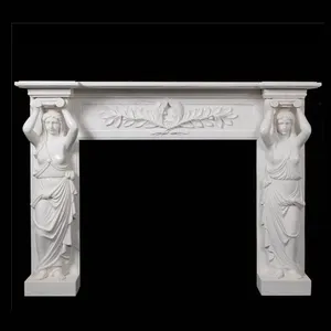 Personalizado caryatid mancha de mármore lareira, bege, cor creme, antiguidade, mármore, fogo com estátua de anjo