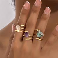 Zooying 3 pièces un ensemble de bijoux ashion bague en pierre naturelle en cristal brut réglable pour les femmes