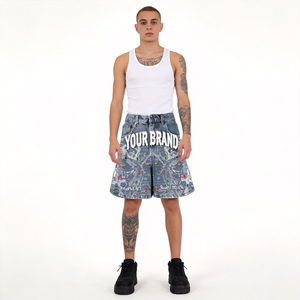 Nuevos Shorts Vaqueros Retro Estilo Americano, Corte Holgado, Cintura Media, con Pedrería, Estampado de Grafiti, para Hombre - Product Image 4