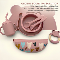 Ensemble de vaisselle pour bébé en silicone sans BPA, ODM/OEM, ours en silicone pour nouveau-né, cuillère, assiettes, non toxique, 7 pièces, ensemble cadeau de vaisselle pour bébé, ensembles de produits pour bébé