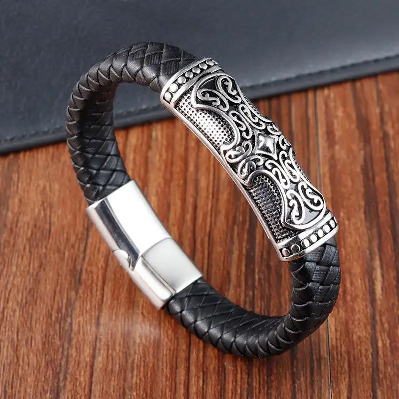 Gelang kulit sapi asli pria, rantai tangan anyaman selempang lebar dengan gesper magnetik Stainless Steel OT-208