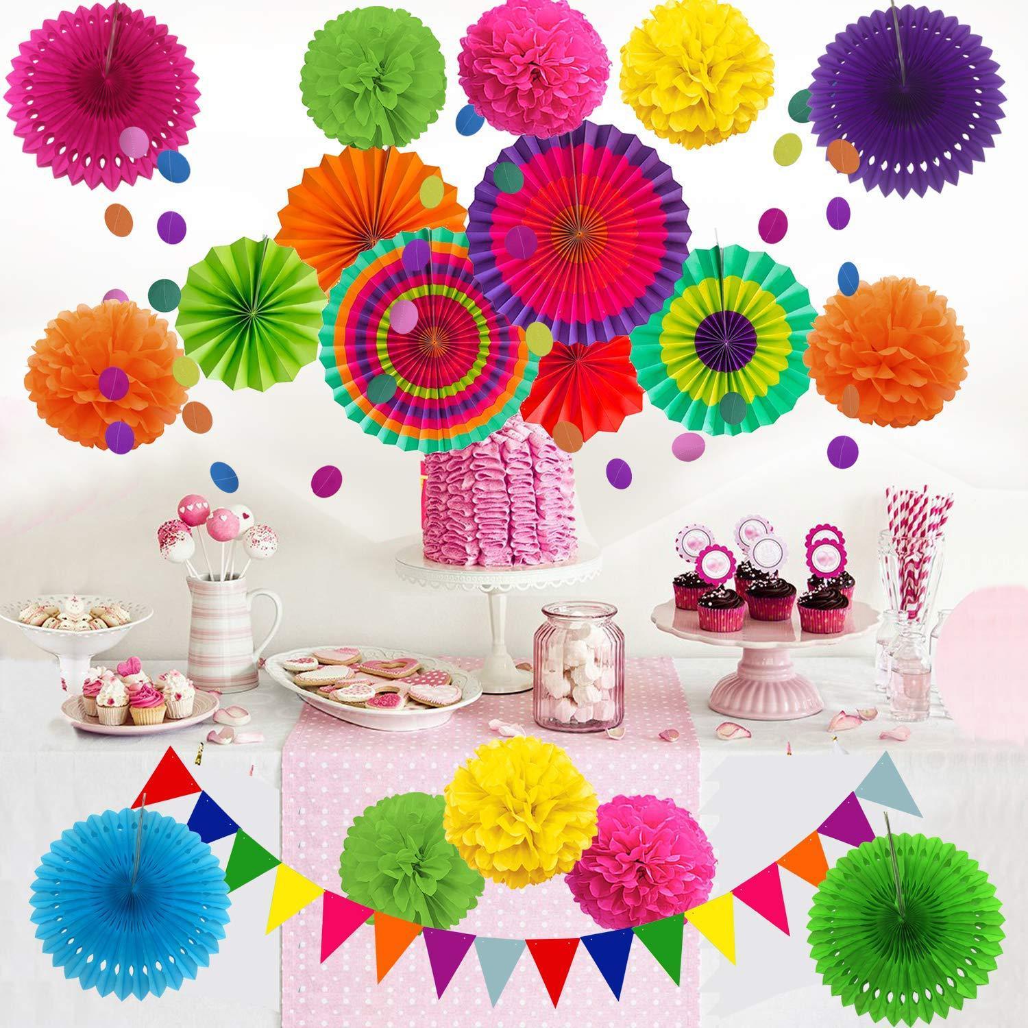 Bunte Papierfächer-Deko & Glitzernde Dreiecksflaggen – Für Geburtstag, Abschluss & Brautdusche