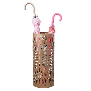 Porte-parapluies de luxe en métal doré avec motif de feuilles ajourées, support de rangement cylindrique en fer pour équipement de pluie, idéal pour hall d'hôtel - Product Image 1