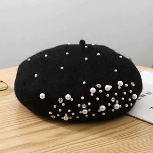 Hot Sale Winter Bling Stones Solid Color <b>Wool</b> Woman Beret With Pearls - Product Image 3