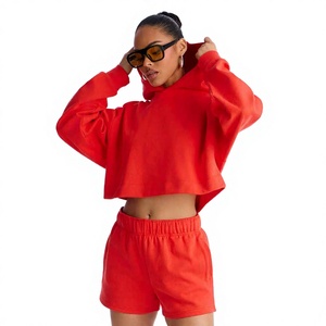 Women's <b>Red</b> Fleece Hooded <b>Crop</b> <b>Top</b> Shorts Set Casual Two Piece Outfit Loose Fit Spring Summer Solid Color Knitted Sweatwear - Product Image 1