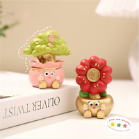 ROOGO Resin Kartun Pohon Uang Keberuntungan Figur Bunga Lukisan Tangan Kawaii Ornamen Meja Pembawa Keberuntungan Dekorasi Rumah Grosir