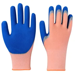 Doublure en nylon rose à bas prix, gants de sécurité imperméables à revêtement froissé en caoutchouc bleu