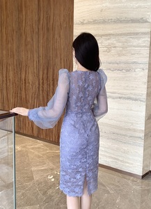 Elegante Abito in Pizzo <span class=keywords><strong>al</strong></span> <span class=keywords><strong>Ginocchio</strong></span>, Scollo a V, Maniche Lunghe, Patchwork, Vita Elasticizzata, Vestito Traspirante - Product Image 6