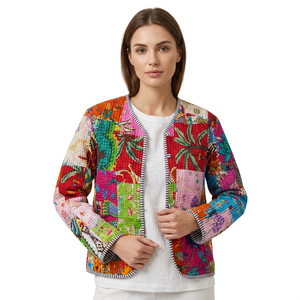 Veste matelassée en coton tricoté faite à la main pour femme, col en V, motif patchwork, imprimé floral, rayures, respirante, réversible, automne - Product Image 1