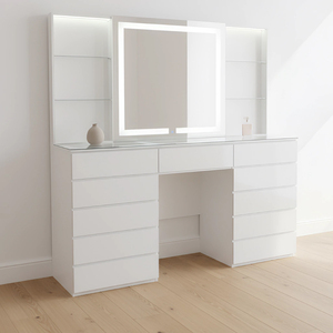 Coiffeuse moderne blanche à LED avec miroir éclairé, 11 tiroirs, plateau en verre, bureau de maquillage, ensemble de meubles de chambre - Product Image 2