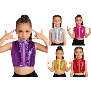 ชุดเต้นรำสมัยใหม่สำหรับเด็กผู้หญิงอายุ 6-16 ปี สำหรับการแข่งขัน เสื้อครอปท็อปเมทัลลิกแต่งระบาย เสื้อกั๊กสำหรับการแสดงบนเวทีและการเต้นรำในงานปาร์ตี้ - Product Image 1
