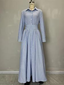 Vestido Camisero Largo a Rayas Azules y Blancas para Mujer, con Botones, Manga Larga, Cinturón, Estilo Casual, Moda Sehe - Product Image 5