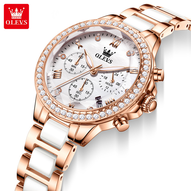 OLEVS9999 Ladies Quartz Fashion Diamonds Dial Watch Ceramic Strap Watchband Chronograph Calendar Luminous Hands Women SmartWatch