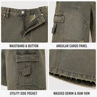 Shorts cargo en jean personnalisés, délavage vintage, ourlet brut, multi-poches, coupe ample, jorts, marque privée, logo personnalisé pour jeunes hommes urbains