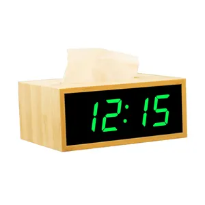 Persegi Panjang Kertas Facial Tissue Kotak Cover Pemegang Kayu Pemegang Kotak Tisu dengan Jam Alarm dan Cermin Display untuk Kantor Mobil kamar