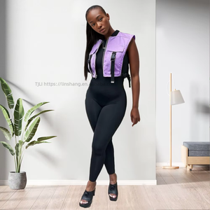 Chaleco sin mangas con estampado de camuflaje de color liso para mujer, con cuello redondo y cremalleras, Sehefashion - Product Image 5