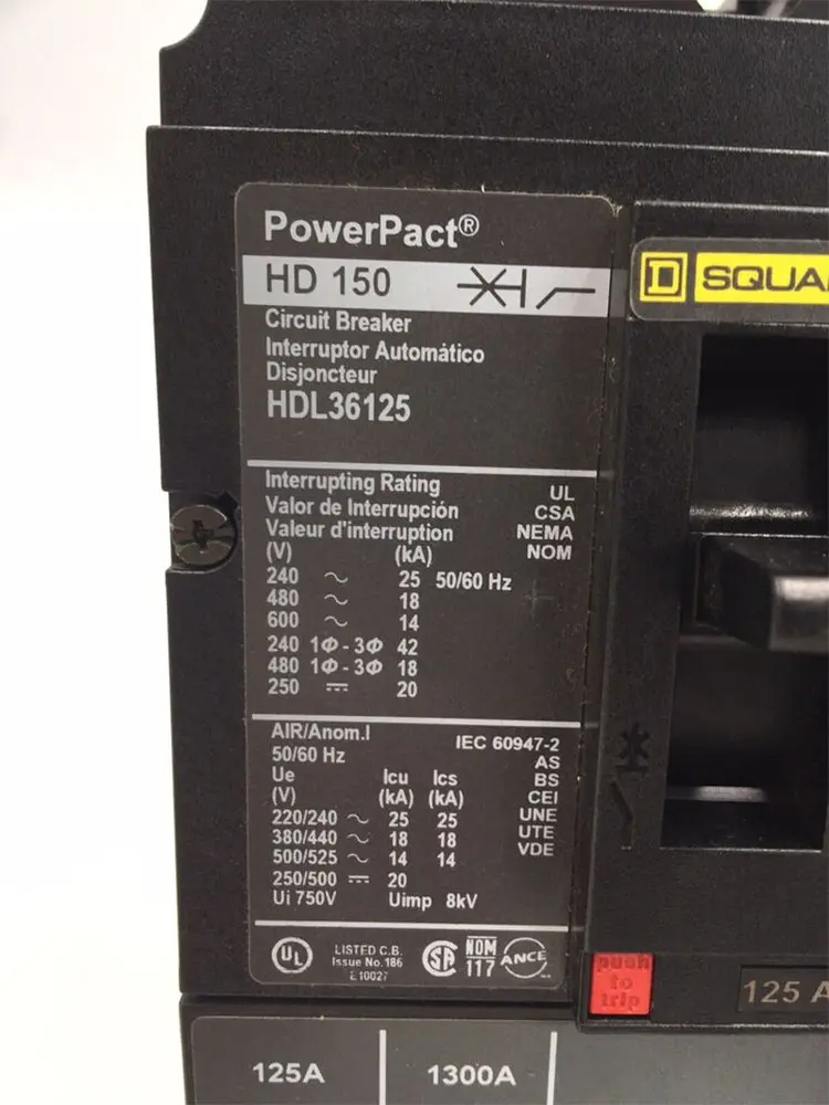 Amerikaanse Merk Powerpact 125 Amp Hdl36125 3P Vierkante D Mccb