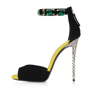 Sandales élégantes noires en daim pour femme, avec gemmes vertes, bride cheville, bout ouvert, talons hauts fins et fermeture éclair - Product Image 3