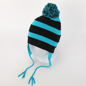 <span class=keywords><strong>Bonnet</strong></span> en tricot léger avec <span class=keywords><strong>pompon</strong></span> <span class=keywords><strong>à</strong></span> rayures bleues et noires pour l'hiver - Product Image 2