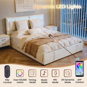 Cadre de lit Queen avec lumières LED réglables, tête de lit en similicuir rembourrée, lit plateforme moderne et moelleux avec rangement pour appartement - Product Image 6