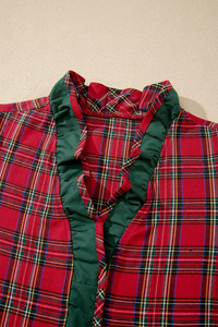 <strong>Women</strong> Christmas Red <strong>Tartan</strong> Plaid Ruffle Blouse V Neck Puff Short Sleeve Button Down Holiday Shirt Custom Logo Print - Product Image 6
