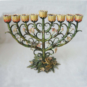 Diseño de flores esmaltadas a mano, Bronce Antiguo, verde y rosa, Metal, aleación de Zinc, nueve ramas <span class=keywords><strong>Menorah</strong></span> - Product Image 2