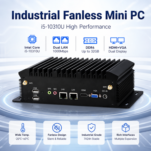 Industrial Fanless Mini PC Intel I5-10310U Dual LAN 4K Barebone Mini Computer for Automation IoT Edge Computing