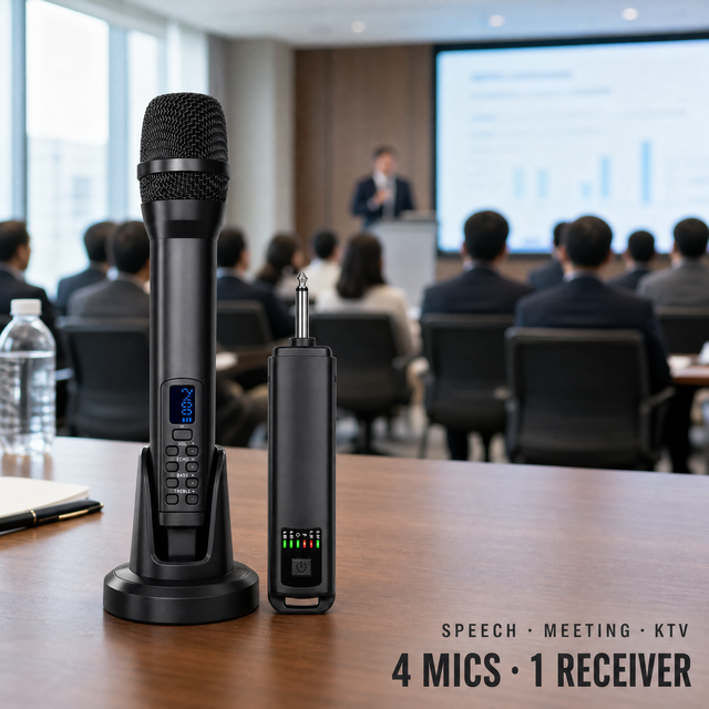 One to Four 2.4G Wireless Microphone System, Rechargeable Dynamic Handheld Mics with LED Display for Karaoke Speech Party