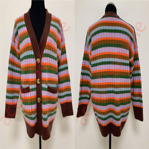 Cozy Rainbow Striped Cardigan Brown Contrast Trim V-Neck Button up Sweater Slouchy <strong>Longline</strong> Knit <strong>Jumper</strong> for Women Retro Style - Product Image 6
