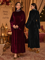 Robe longue en velours à manches évasées, col haut perlé avec ceinture à nouer à la taille |   Abaya musulmane élégante, robe islamique modeste