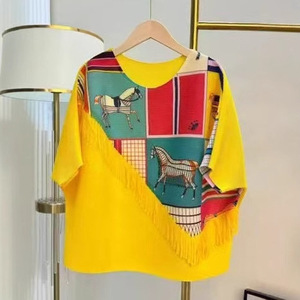 Maglietta a pieghe con stampa girocollo a manica corta da <span class=keywords><strong>donna</strong></span> 2025 autunno ampia Top Skinny con dettaglio sfrangiato - Product Image 3