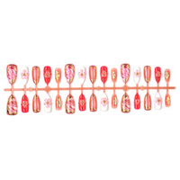 Lot de 30 faux ongles à presser, plaqués or, avec strass, motif marbré 3D effet dégradé, ciel étoilé et fleurs, rouge sophistiqué