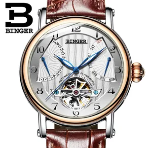 宾格手表男士瑞士时尚品牌商务蓝宝石防水皮革表带机械男士手表1172