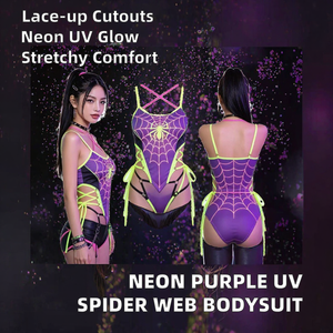 Body sexy morado neón con diseño de telaraña para mujer, con aberturas y cordones, reactivo a los rayos UV, de poliéster y spandex, disfraz para fiestas rave. - Product Image 2