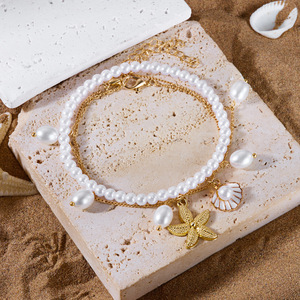 Conjunto de joyería chapada en oro Europeo Americano de 18 quilates, placa de estrella de mar, Concha, cadena de <span class=keywords><strong>pie</strong></span> de 3 piezas, accesorio de playa de verano versátil para regalos - Product Image 3