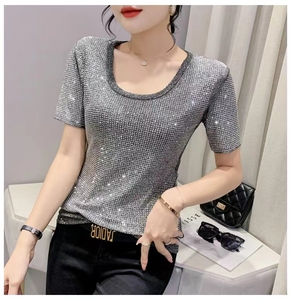 Ropa de Verano para <span class=keywords><strong>Mujer</strong></span>, Camisetas con Pedrería Brillante, Camisetas Negras con Diamantes Plateados para <span class=keywords><strong>Mujer</strong></span> - Product Image 1