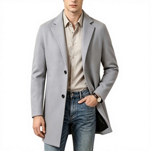 <b>Men's</b> Long Wool/Polyester Trench <b>Overcoat</b> Notched Lapel Single Breasted Regular Fit <b>Black</b> Coat Anti-Wrinkle Quick Dry Breathable - Product Image 1