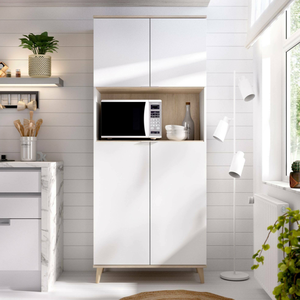 <span class=keywords><strong>Buffet</strong></span> de rangement <span class=keywords><strong>haut</strong></span> blanc et chêne avec 4 portes pour micro-ondes - Product Image 1