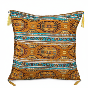 Housse de coussin en tissu chenille turc à motif kilim, couleur moutarde et turquoise - Product Image 2
