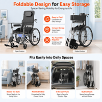 Fauteuil roulant commode inclinable multifonction haut de gamme à dossier haut, pliable en acier carbone avec repose-jambes réglables, double frein et coussin Oxford